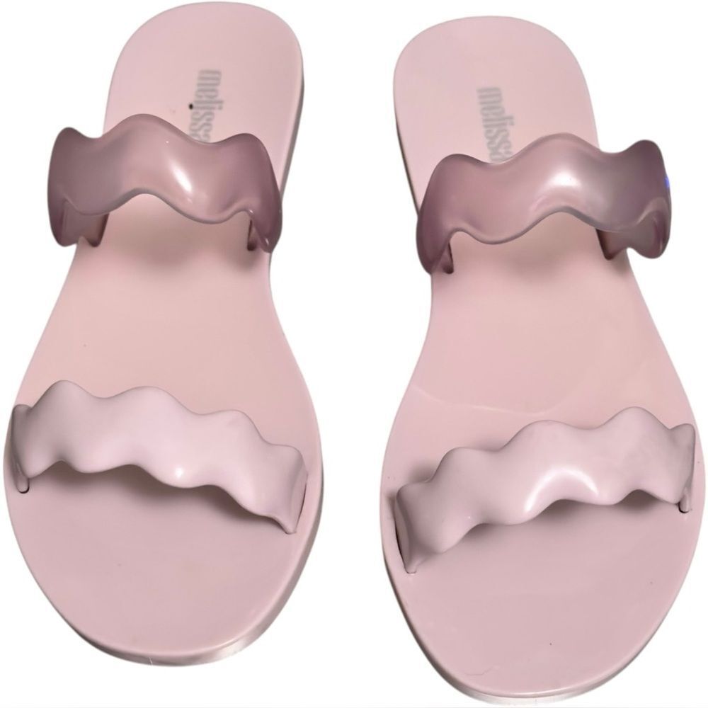 Melissa Pink Slide On Open Toe Two Strap Wavy Vegan Wind Sandals. 8. - Picture 2 of 5